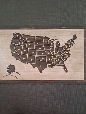 Wooden USA Map Wall Art with Gold Heart Markers Travel Road Trip Picture Maps